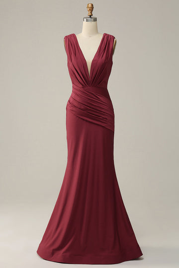 Mermaid Deep V Neck Burgundy Sleeveless Long Ball Dress